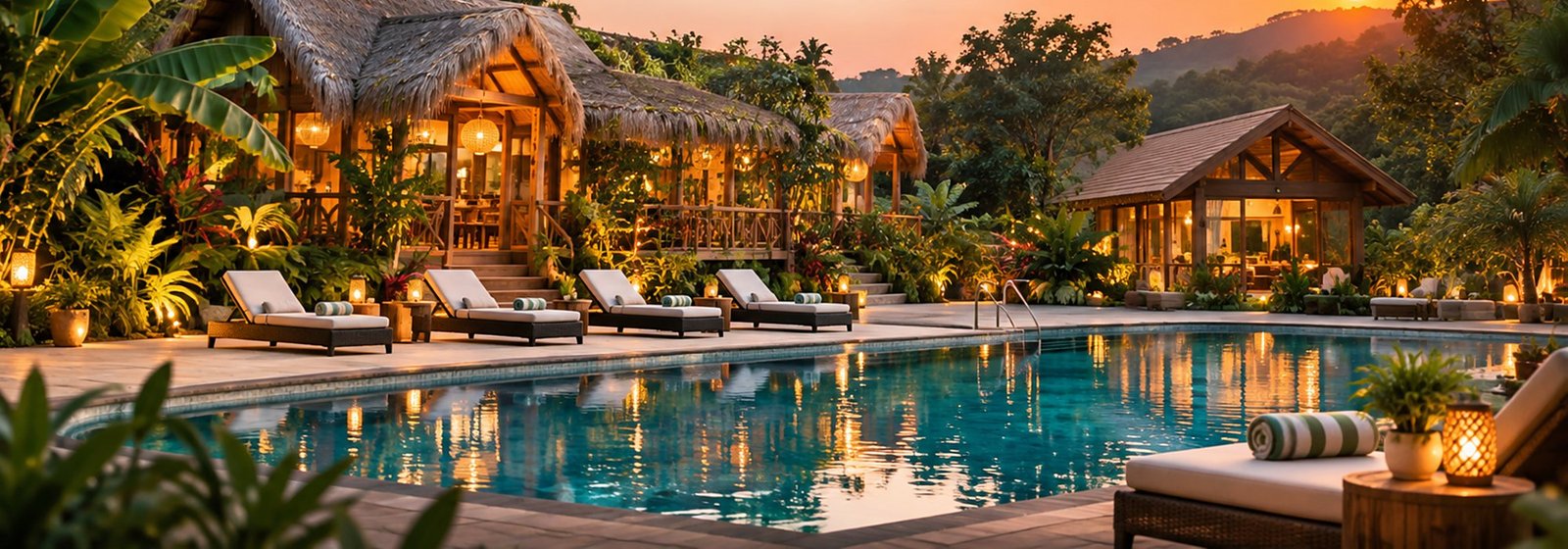 Paddington resort at dusk — pool and thatched pavilions below the Coorg hills