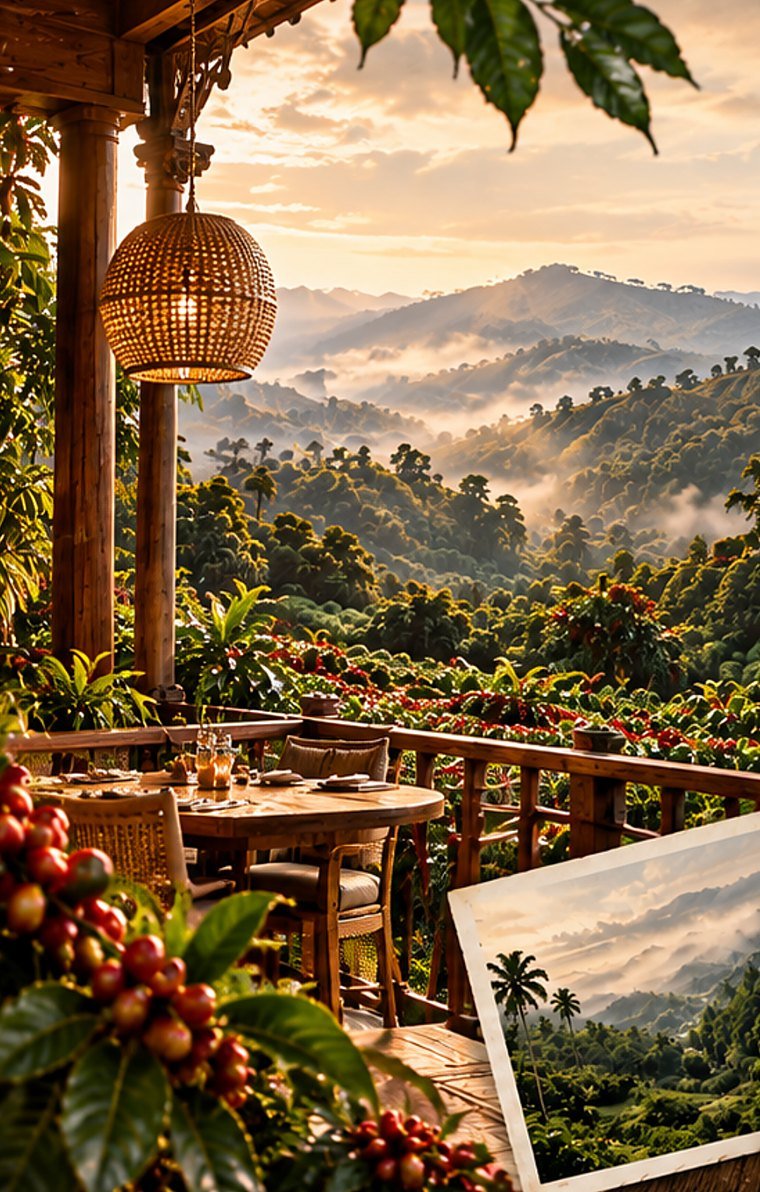 Coffee estate veranda looking over the misty hills of Coorg